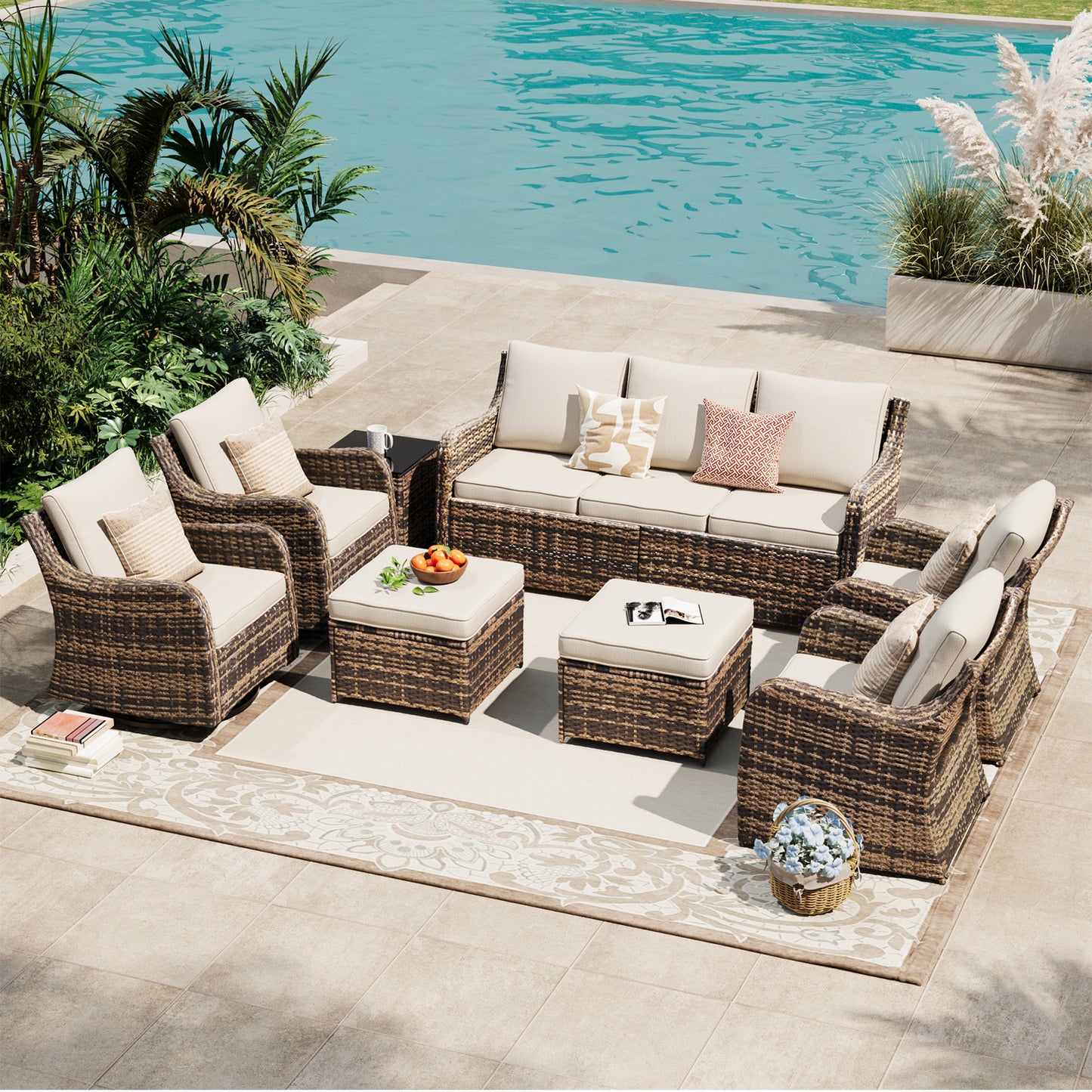 8 Piece Outdoor Rattan Patio Furniture Set, Swivel Rocker Chairs with Ottoman  (YK-6013-B4)