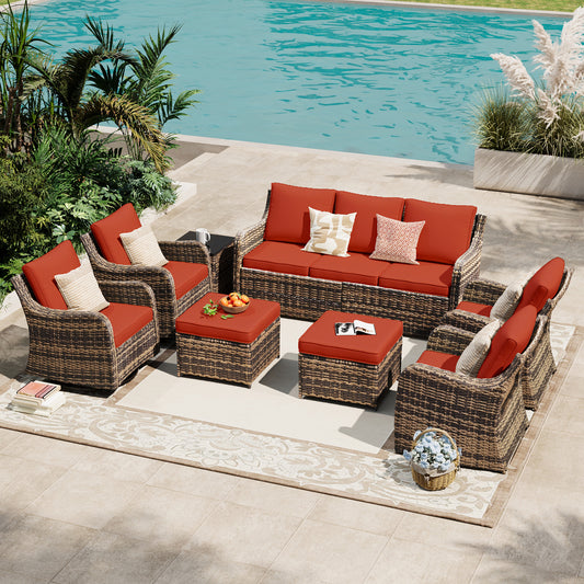 8 Piece Outdoor Rattan Patio Furniture Set, Swivel Rocker Chairs with Ottoman  (YK-6013-B4)