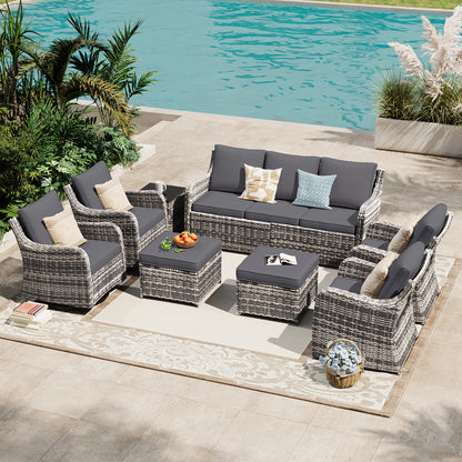 8 Piece Outdoor Rattan Patio Furniture Set, Swivel Rocker Chairs with Ottoman  (YK-6013-B4)