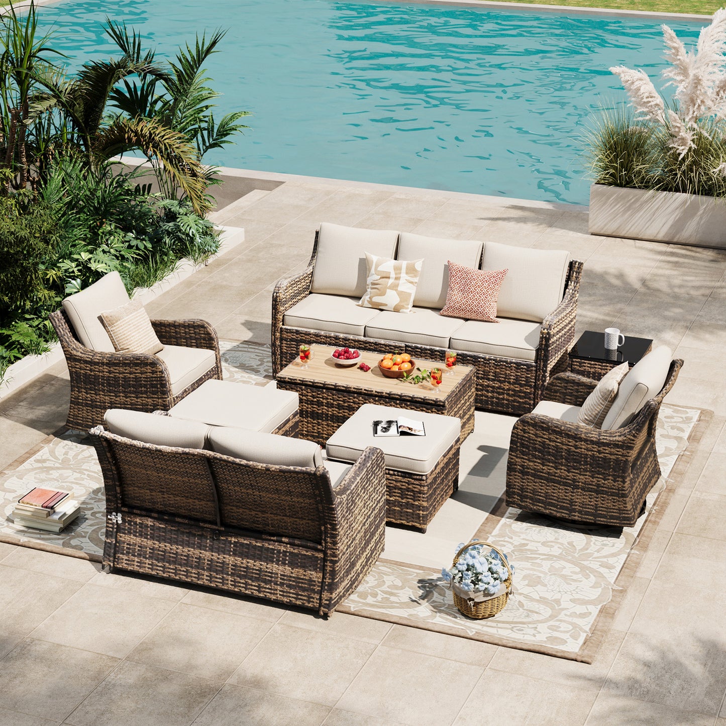 8 Piece Outdoor Rattan Patio Furniture Set, Swivel Rocker Chairs with Loveseat  (YK-6013-A4)