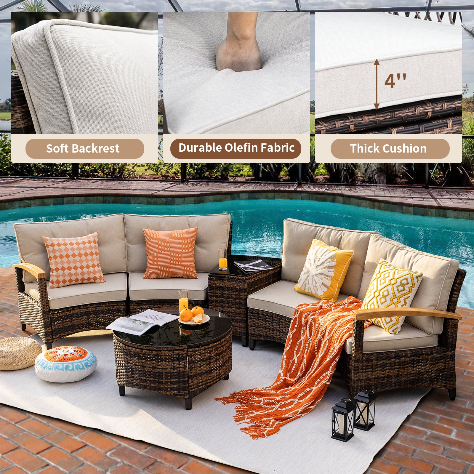 6 Piece Outdoor Half-Moon Sectional Patio Furniture Set with Wood Armrests - Meissalivve