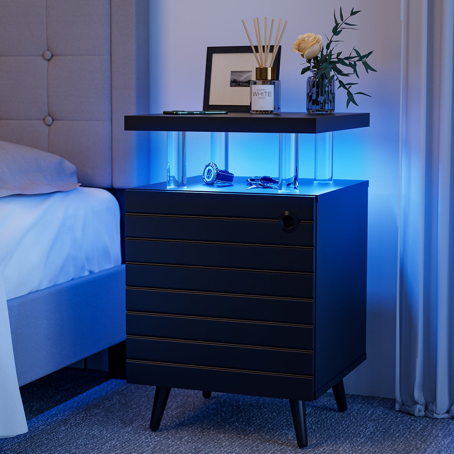 LED Nightstand Bedside Table End Tables Living Room with 4 Acrylic Columns - Meissalivve