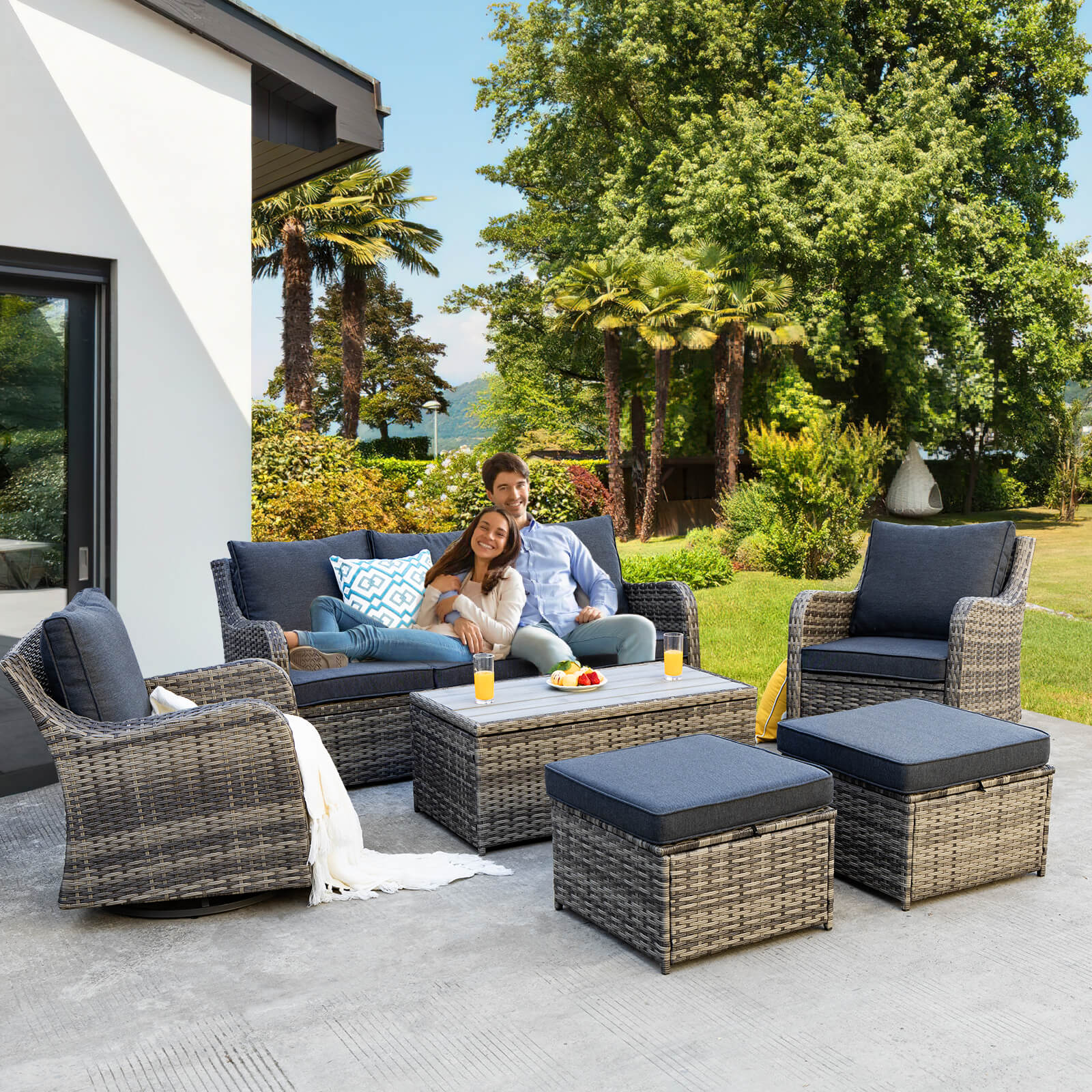 6 Piece Outdoor Rattan Patio Furniture Set, Swivel Rocker Chairs with Ottomans - Meissalivve