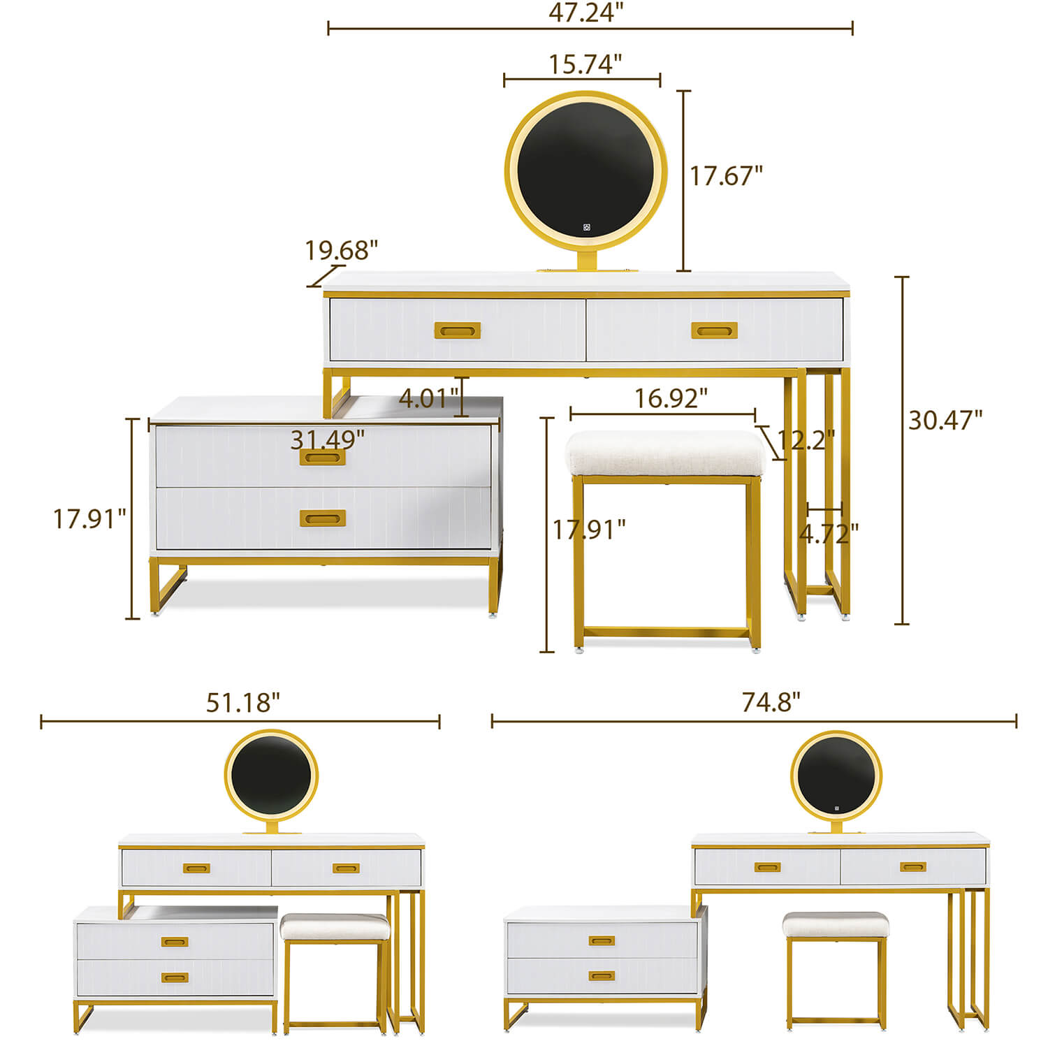 Modern Style Vanity Table With Movable Side Cabinet And 4-Drawers, White - Meissalivve