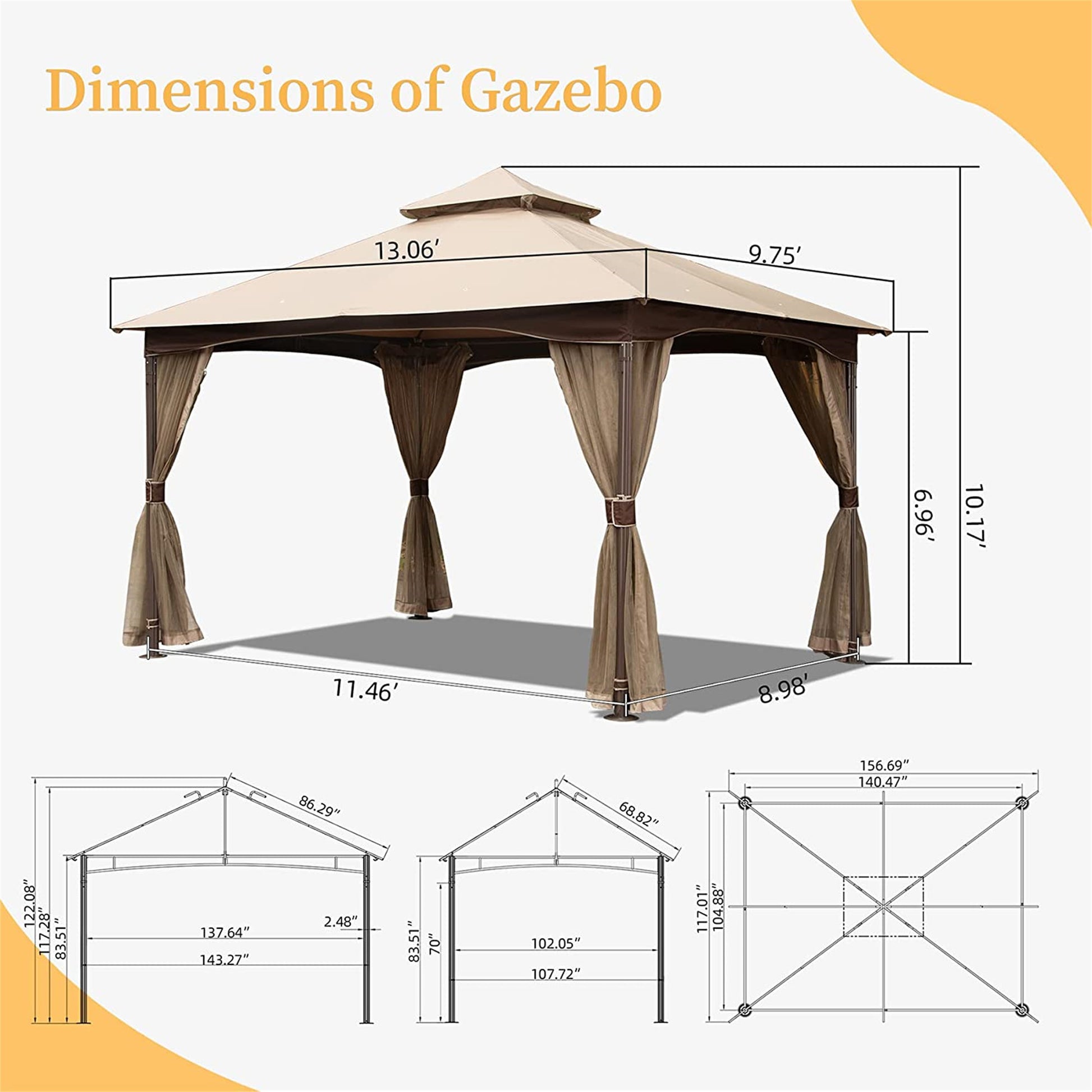 10'x13' Gazebo, Metal Frame Double Roof Soft Top Patio Gazebo - Meissalivve