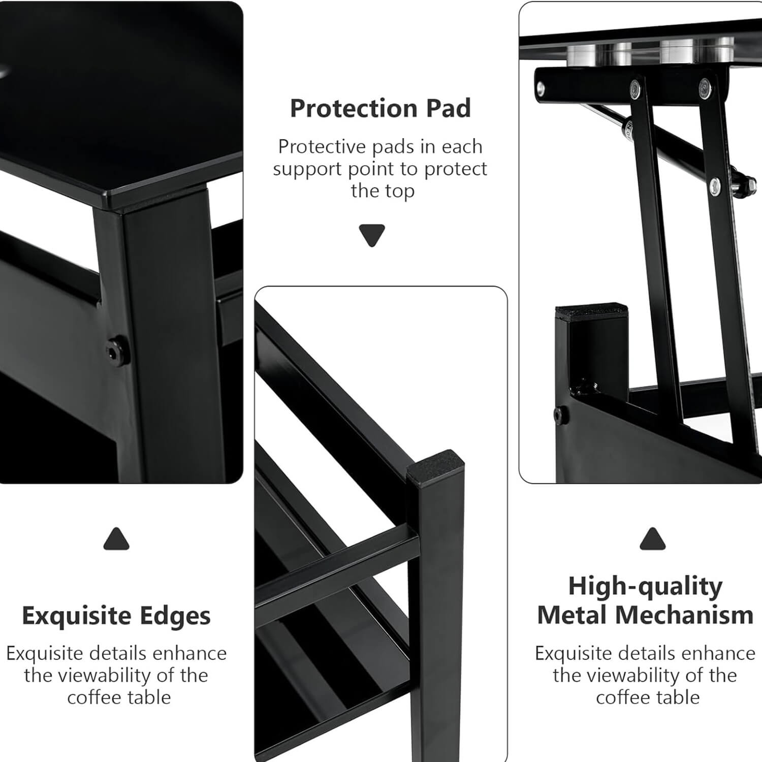 Modern 2-Layer Glass Lift Top Coffee Table for Living Room, Black - Meissalivve