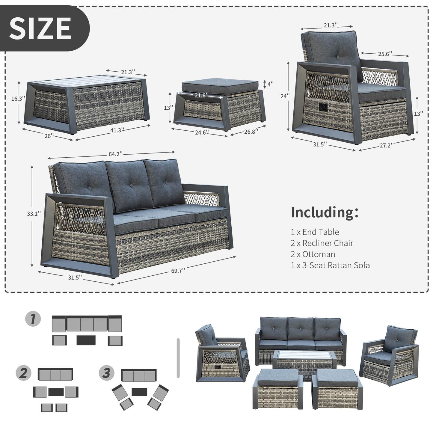 6 Pcs Aluminum Patio Furniture, Wicker Recliner Chairs with Ottomans - Meissalivve