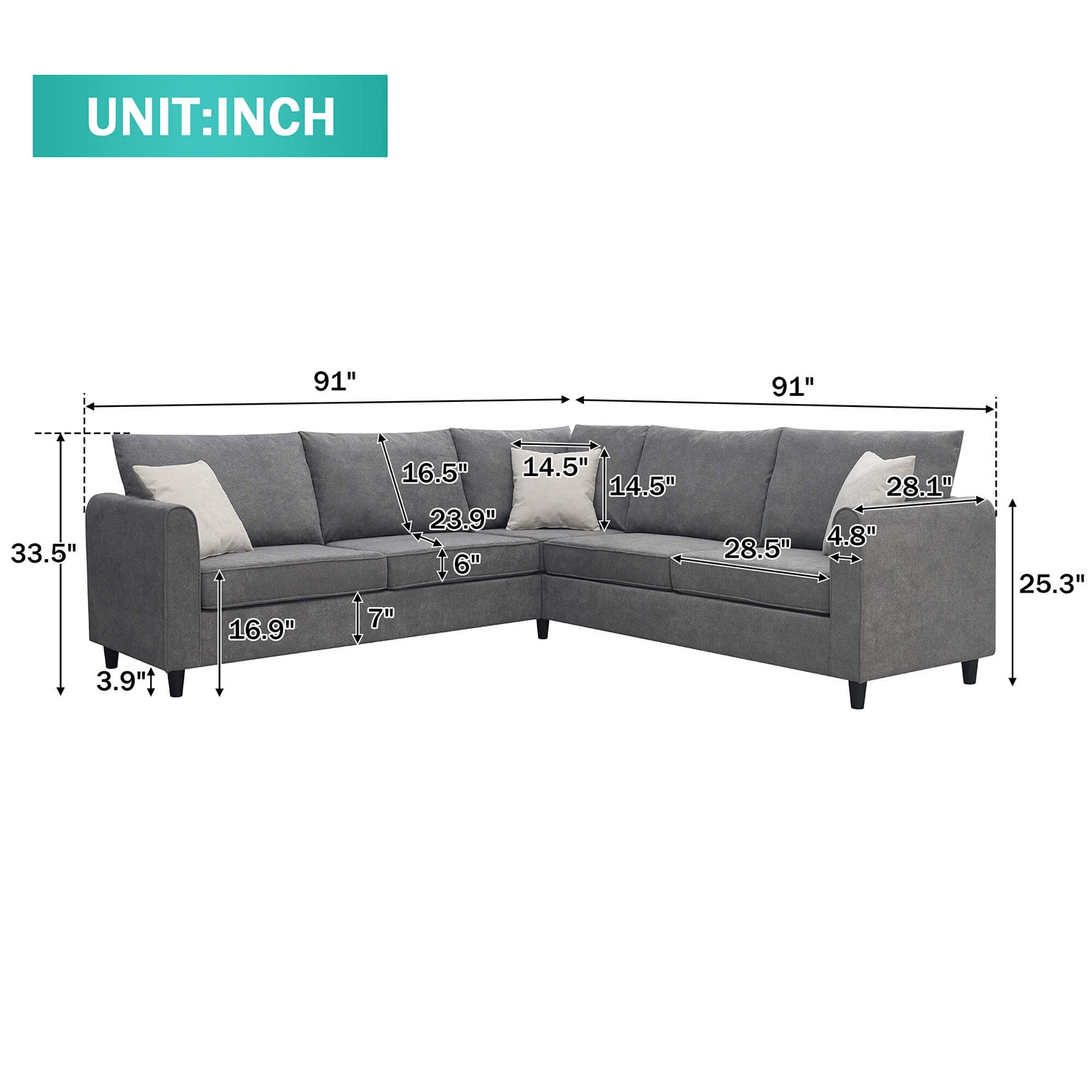 Modern Sectional Sofa with L Shape Furniture Couch and 3 Pillows - Meissalivve