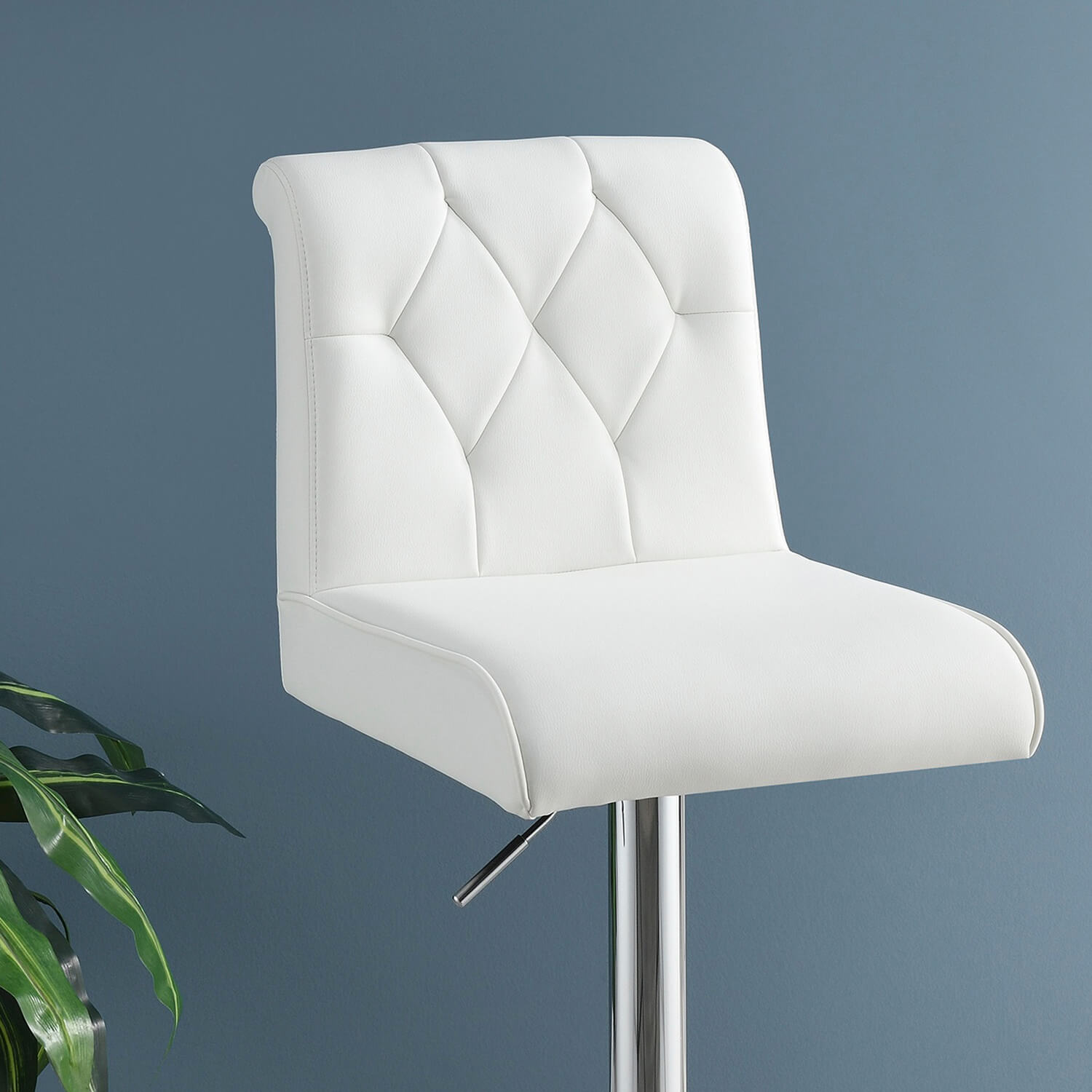 Adjustable Bar Chair, White Faux Leather Tufted Chrome Base Modern Set of 2 - Meissalivve