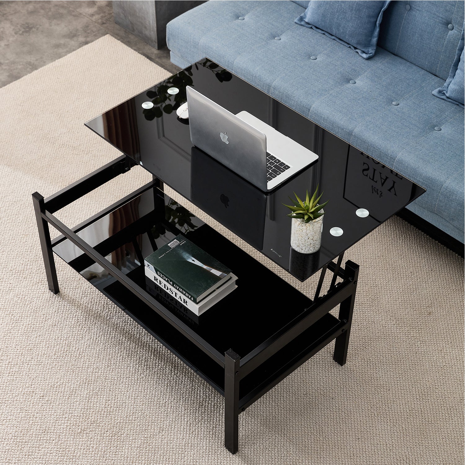 Modern 2-Layer Glass Lift Top Coffee Table for Living Room, Black - Meissalivve