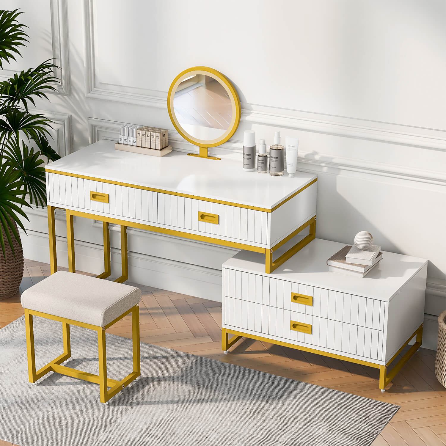 Modern Style Vanity Table With Movable Side Cabinet And 4-Drawers, White - Meissalivve