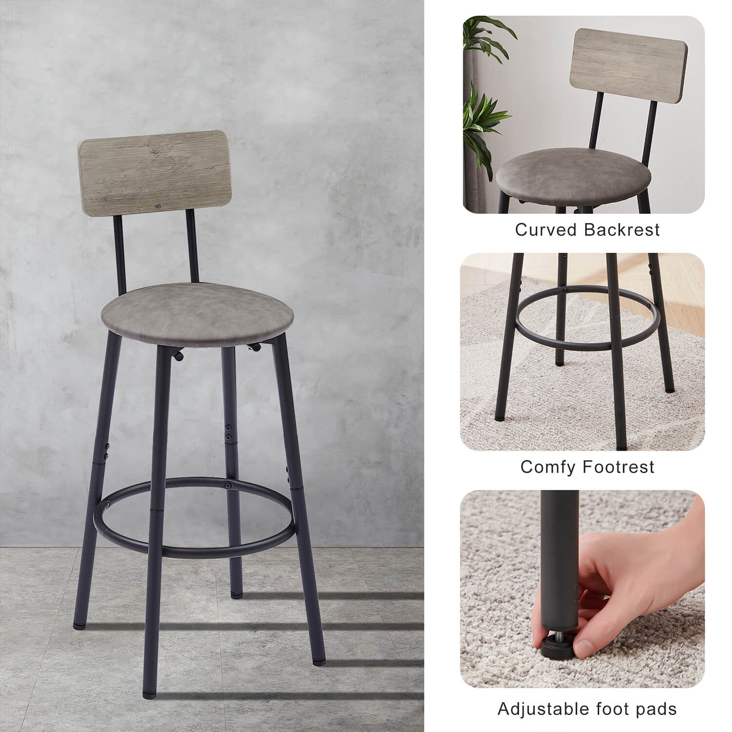 Bar Table Set with 4 Barstools PU Soft seat with backrest, Grey - Meissalivve