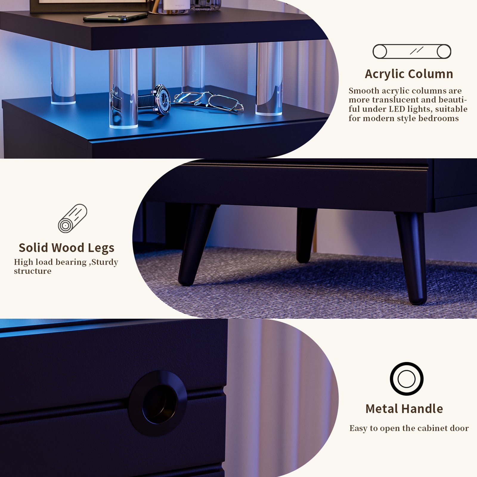 LED Nightstand Bedside Table End Tables Living Room with 4 Acrylic Columns - Meissalivve