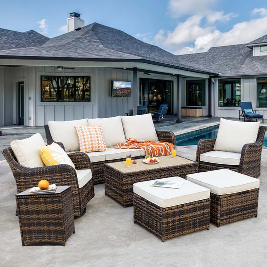 7 Piece Outdoor Rattan Patio Furniture Set, Swivel Rocker Chairs with Coffee Table  (YK-6013-A1)