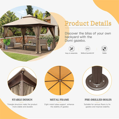 10'x13' Gazebo, Metal Frame Double Roof Soft Top Patio Gazebo - Meissalivve