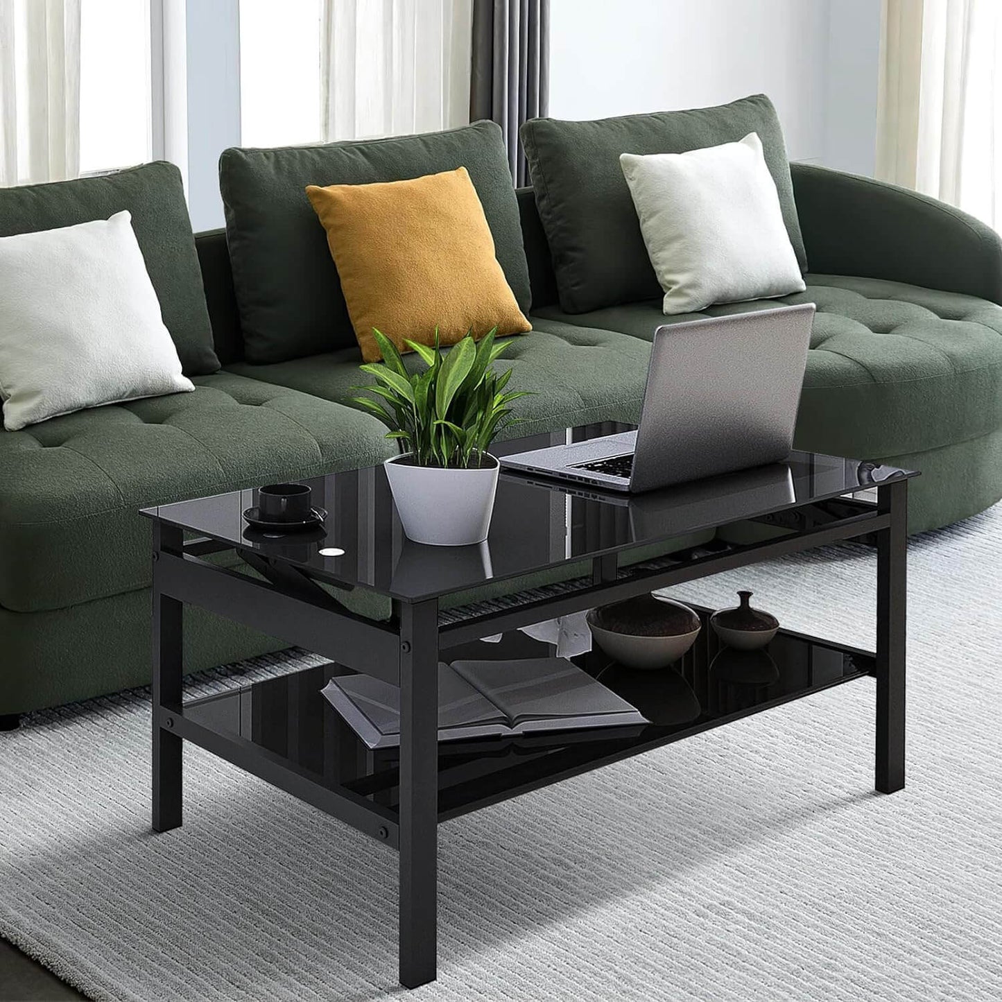 Modern 2-Layer Glass Lift Top Coffee Table for Living Room, Black - Meissalivve