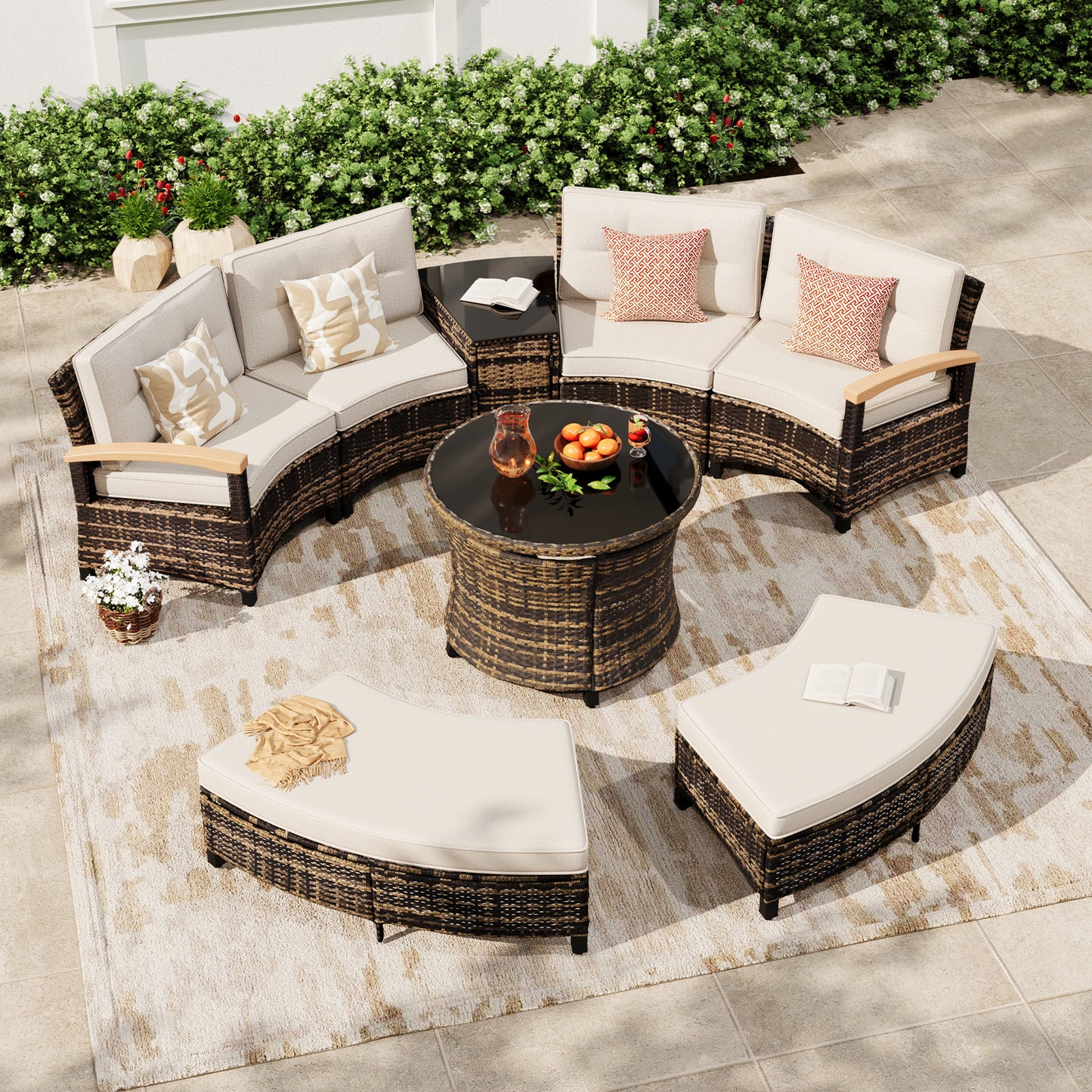 8 Pcs Half-Moon Rattan Outdoor Patio Furniture Set with Round Dining Table  (YK-6016-B1)
