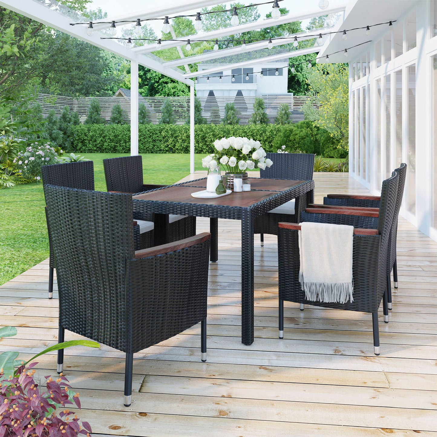 7-Piece Outdoor Patio Dining Set, PE Rattan Wicker Dining Table and Chairs Set - Meissalivve