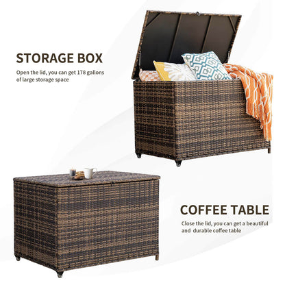 178 Gallon Outdoor Storage Rattan Deck Box with 2 Wheels and Handle - Meissalivve