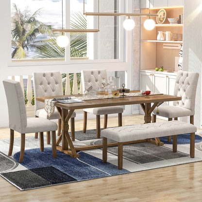 6-Piece 72" Wood Farmhouse Dining Table Set, Walnut - Meissalivve