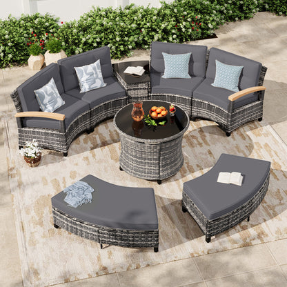 8 Pcs Half-Moon Rattan Outdoor Patio Furniture Set with Round Dining Table  (YK-6016-B1)