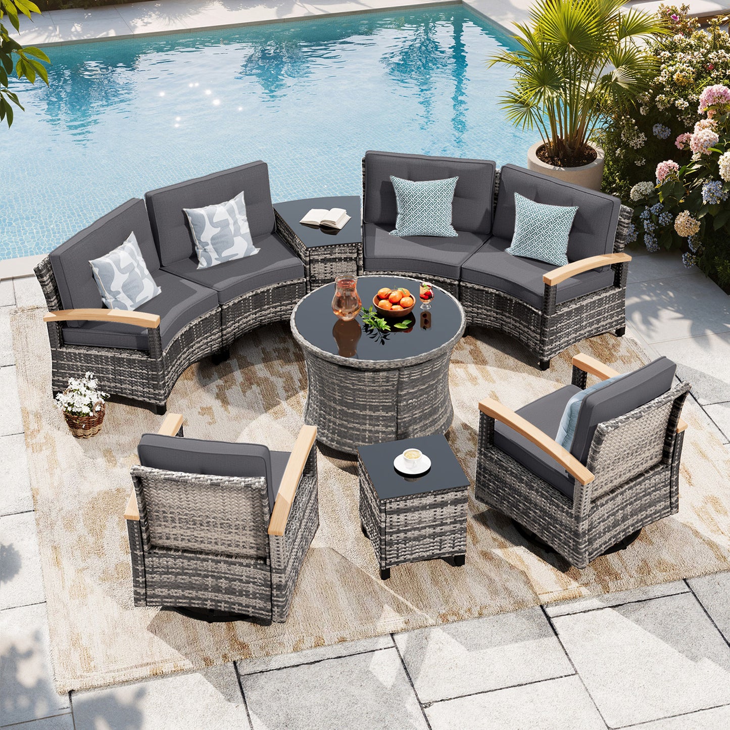 9 Piece Outdoor Half-Moon Sectional Patio Furniture Set with Dining Table  (YK-6016-B2)