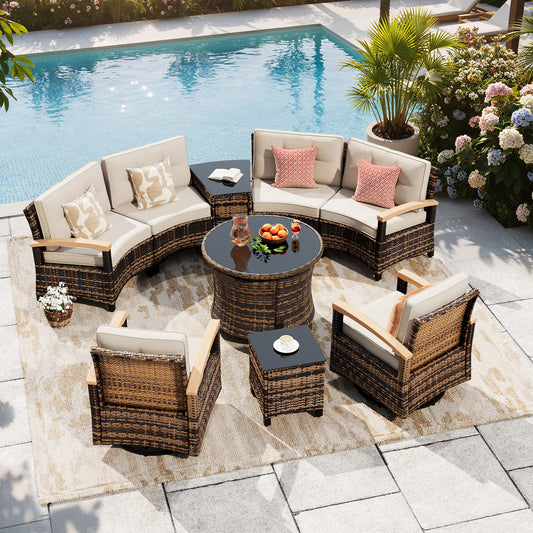 9 Piece Outdoor Half-Moon Sectional Patio Furniture Set with Dining Table  (YK-6016-B2)