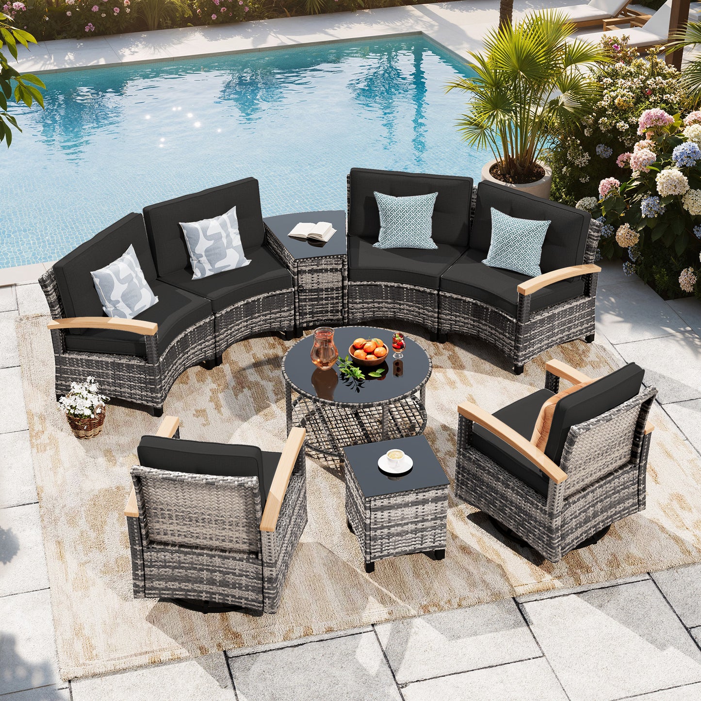 9 Piece Half-Moon Rattan Outdoor Patio Furniture Set  (YK-6016-A2)