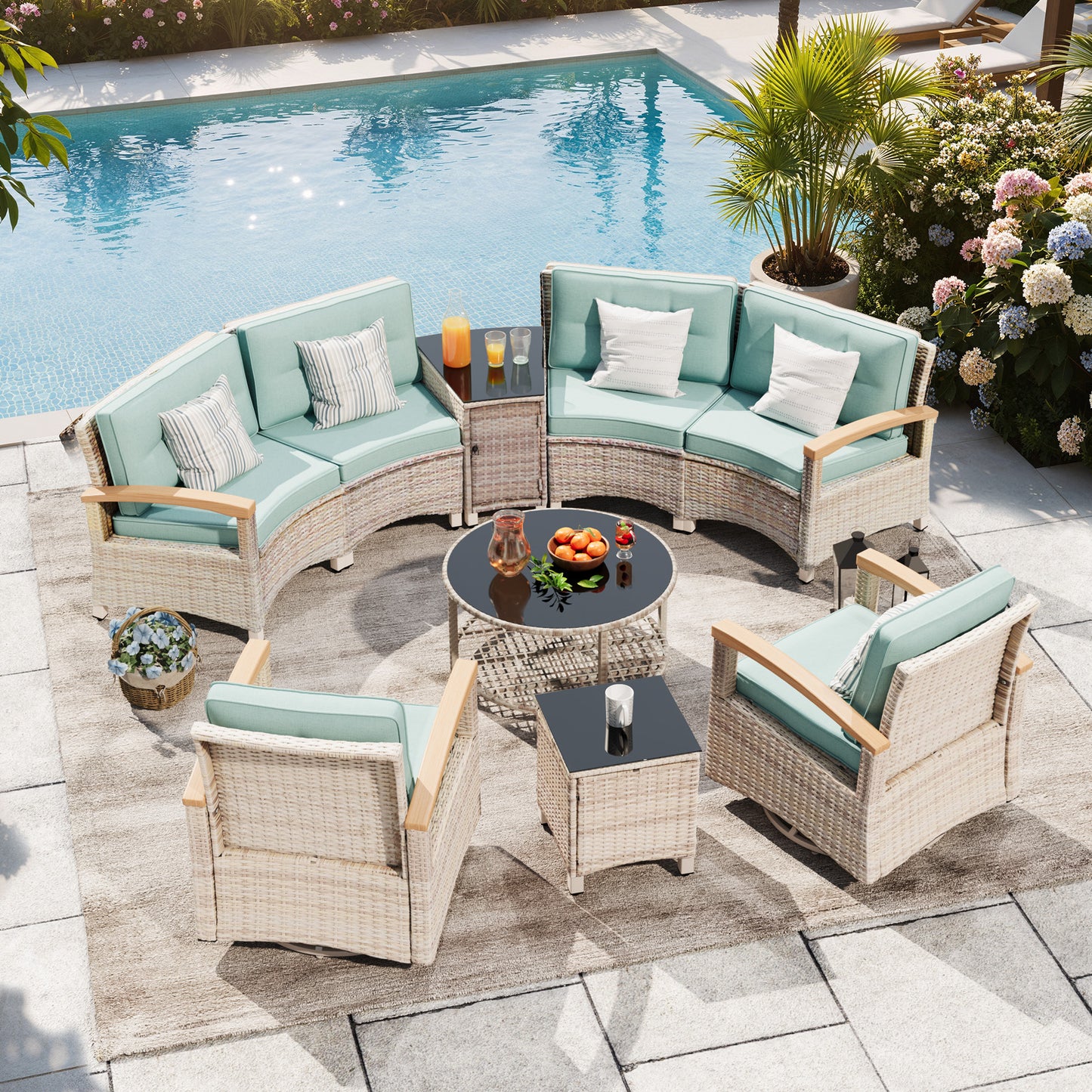 9 Piece Half-Moon Rattan Outdoor Patio Furniture Set  (YK-6016-A2)