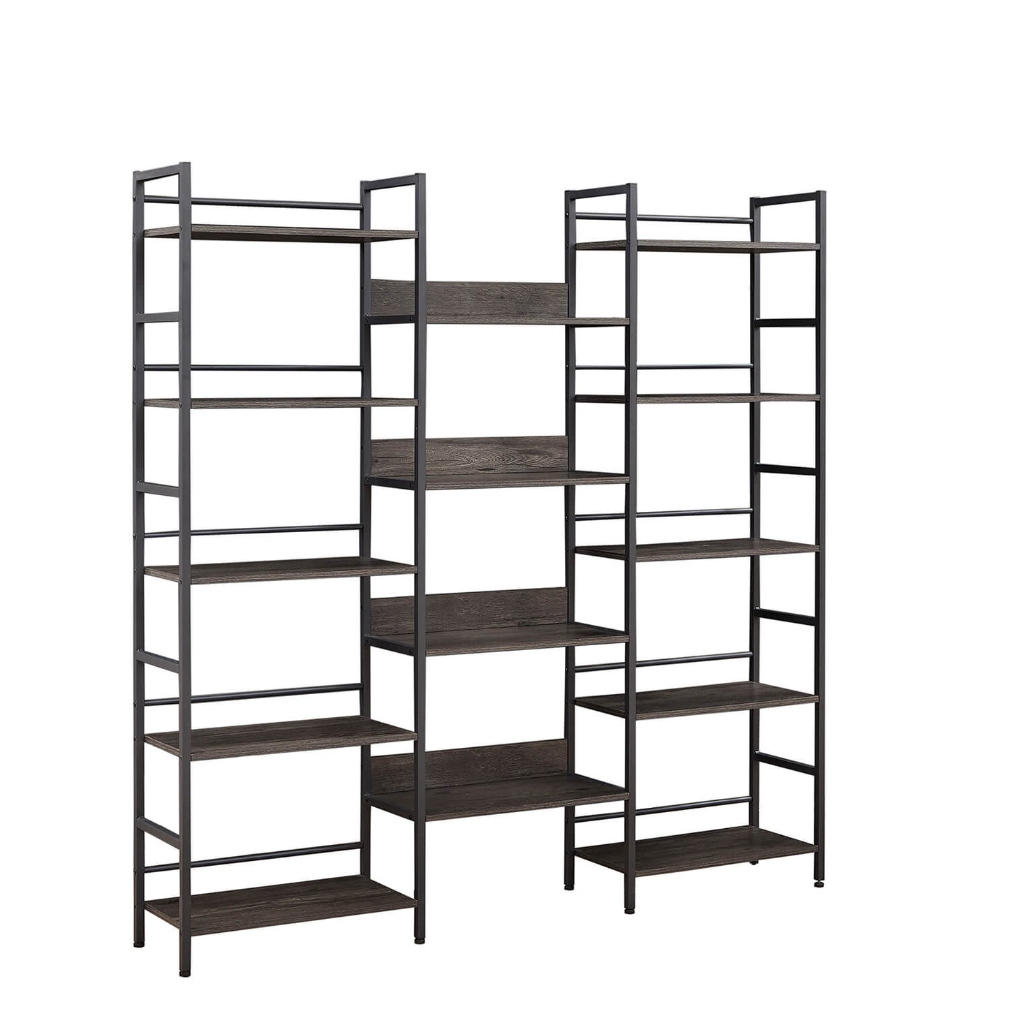 Triple Wide 5-shelf Bookshelves Industrial Retro Wooden Style, Dark Grey - Meissalivve