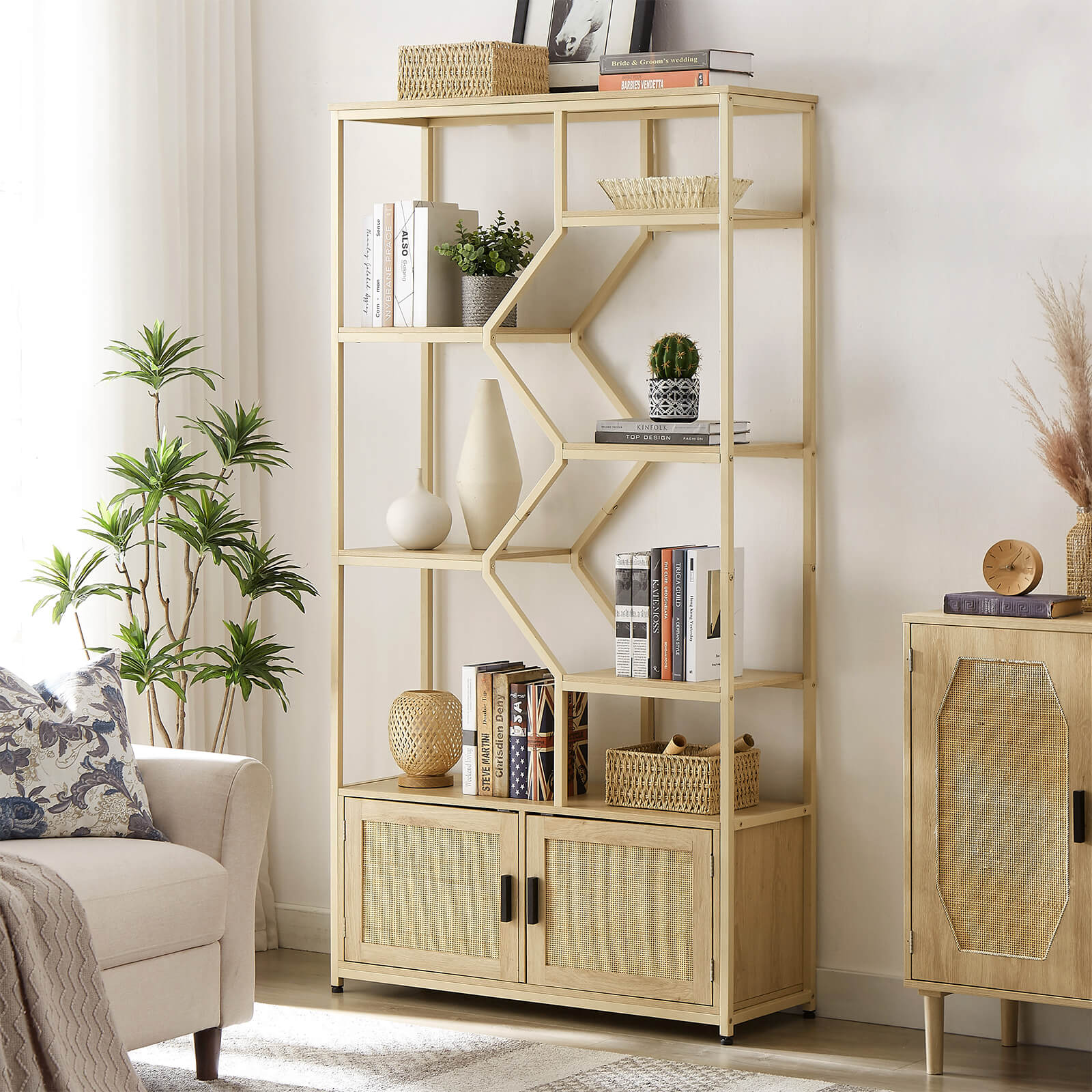 Rattan bookshelf 7 tiers Bookcases Storage Rack with cabinet - Meissalivve