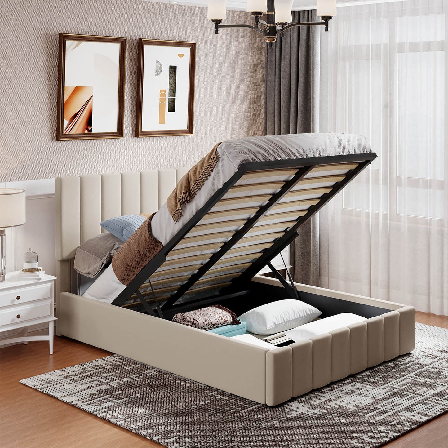 Queen size Upholstered Platform bed with a Hydraulic Storage System - Meissalivve