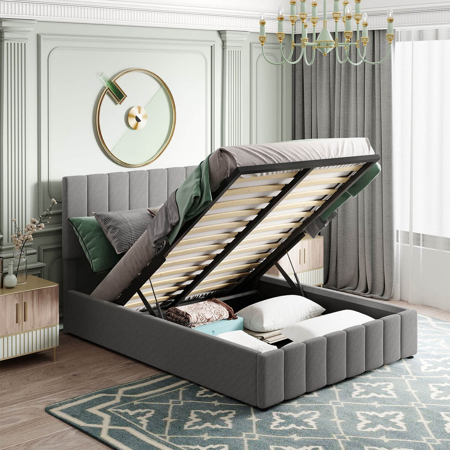 Queen size Upholstered Platform bed with a Hydraulic Storage System - Meissalivve