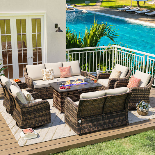 9 Pieces Patio Furniture Set With Fire Pit Table, Wicker Outdoor Conversation Sets（YK-6505）