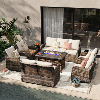 9 Pieces Patio Furniture Set With Fire Pit Table, Wicker Outdoor Conversation Sets（YK-6505）