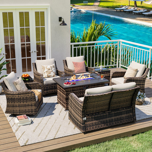 8 Pieces Patio Furniture Set With Fire Pit Table, Wicker Outdoor Conversation Sets（YK-6504）