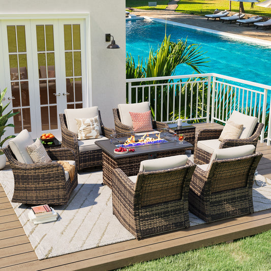 9 Pieces Patio Furniture Set With Fire Pit Table, Wicker Outdoor Conversation Sets（YK-6506）