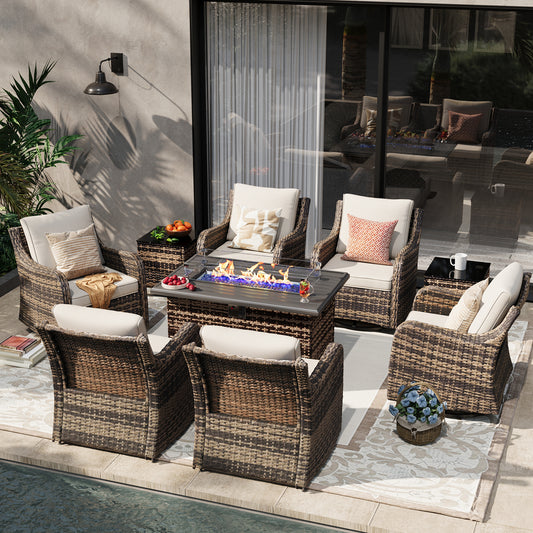 9 Pieces Patio Furniture Set With Fire Pit Table, Wicker Outdoor Conversation Sets（YK-6506）