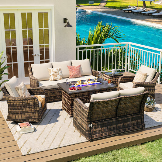 6 Pieces Patio Furniture Set With Fire Pit Table, Wicker Outdoor Conversation Sets（YK-6502）