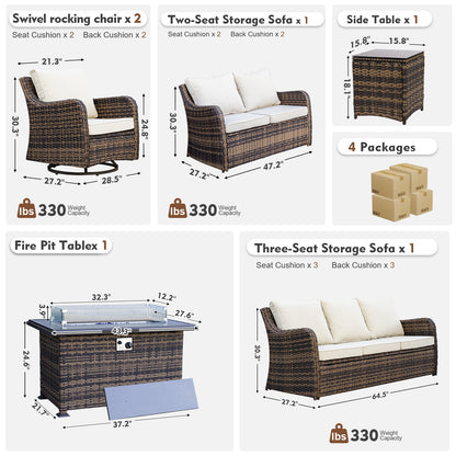 6 Pieces Patio Furniture Set With Fire Pit Table, Wicker Outdoor Conversation Sets（YK-6502）