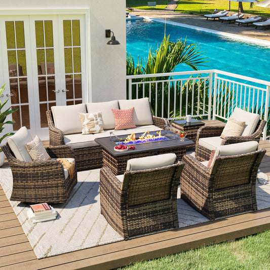 7 Pieces Patio Furniture Set With Fire Pit Table, Wicker Outdoor Conversation Sets（YK-6503）