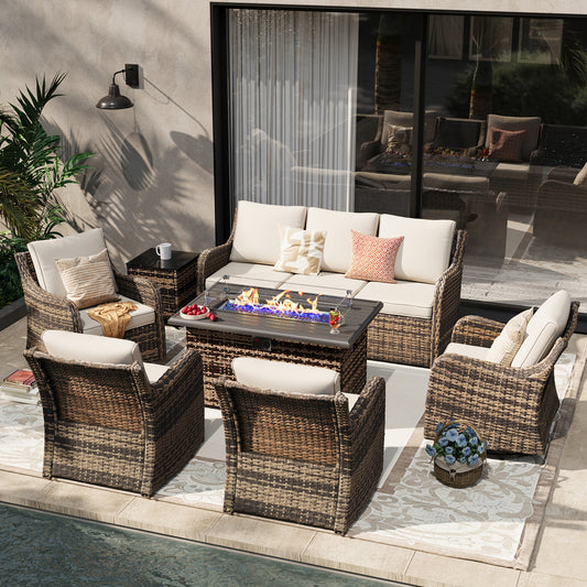 7 Pieces Patio Furniture Set With Fire Pit Table, Wicker Outdoor Conversation Sets（YK-6503）
