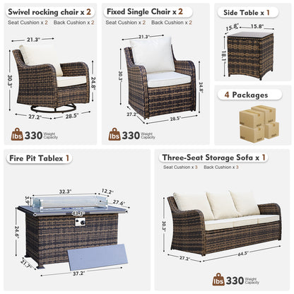 7 Pieces Patio Furniture Set With Fire Pit Table, Wicker Outdoor Conversation Sets（YK-6503）