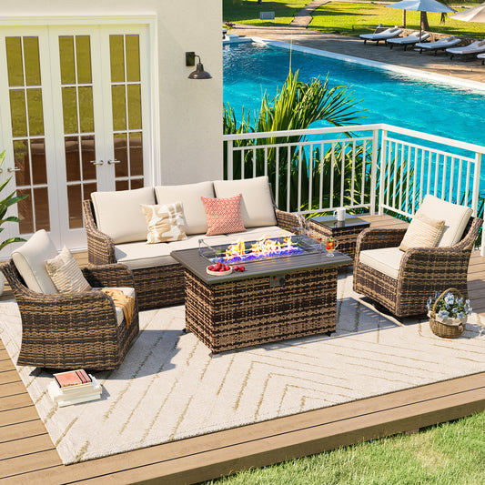 5 Pieces Patio Furniture Set With Fire Pit Table, Wicker Outdoor Conversation Sets（YK-6501）