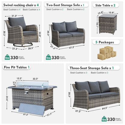 9 Pieces Patio Furniture Set With Fire Pit Table, Wicker Outdoor Conversation Sets（YK-6505）