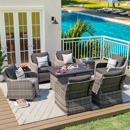 9 Pieces Patio Furniture Set With Fire Pit Table, Wicker Outdoor Conversation Sets（YK-6506）