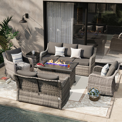 6 Pieces Patio Furniture Set With Fire Pit Table, Wicker Outdoor Conversation Sets（YK-6502）