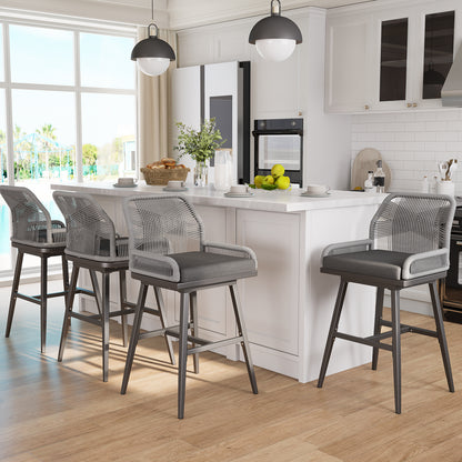 26/30 Inch Swivel Rattan Counter Height Bar Stools with Boho Woven Rope Back