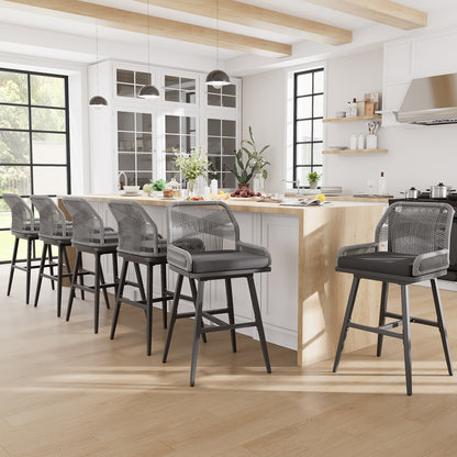 26/30 Inch Swivel Rattan Counter Height Bar Stools with Boho Woven Rope Back