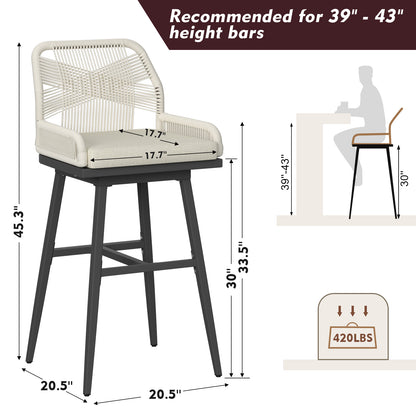26/30 Inch Swivel Rattan Counter Height Bar Stools with Boho Woven Rope Back